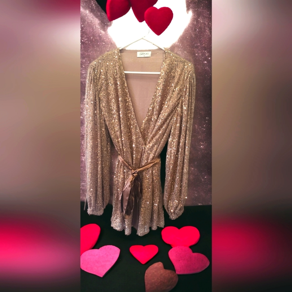 Sequin Shiny Sparkling Champaign Wrap Dress From THE POST, Size M